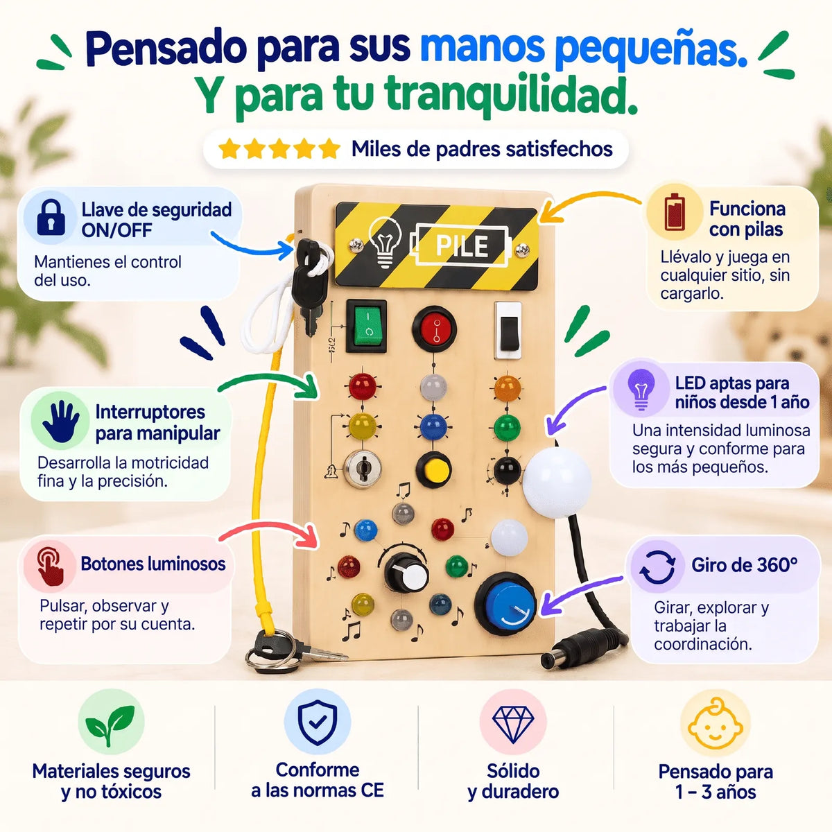 Pensado para sus manos pequeñas y para tu tranquilidad