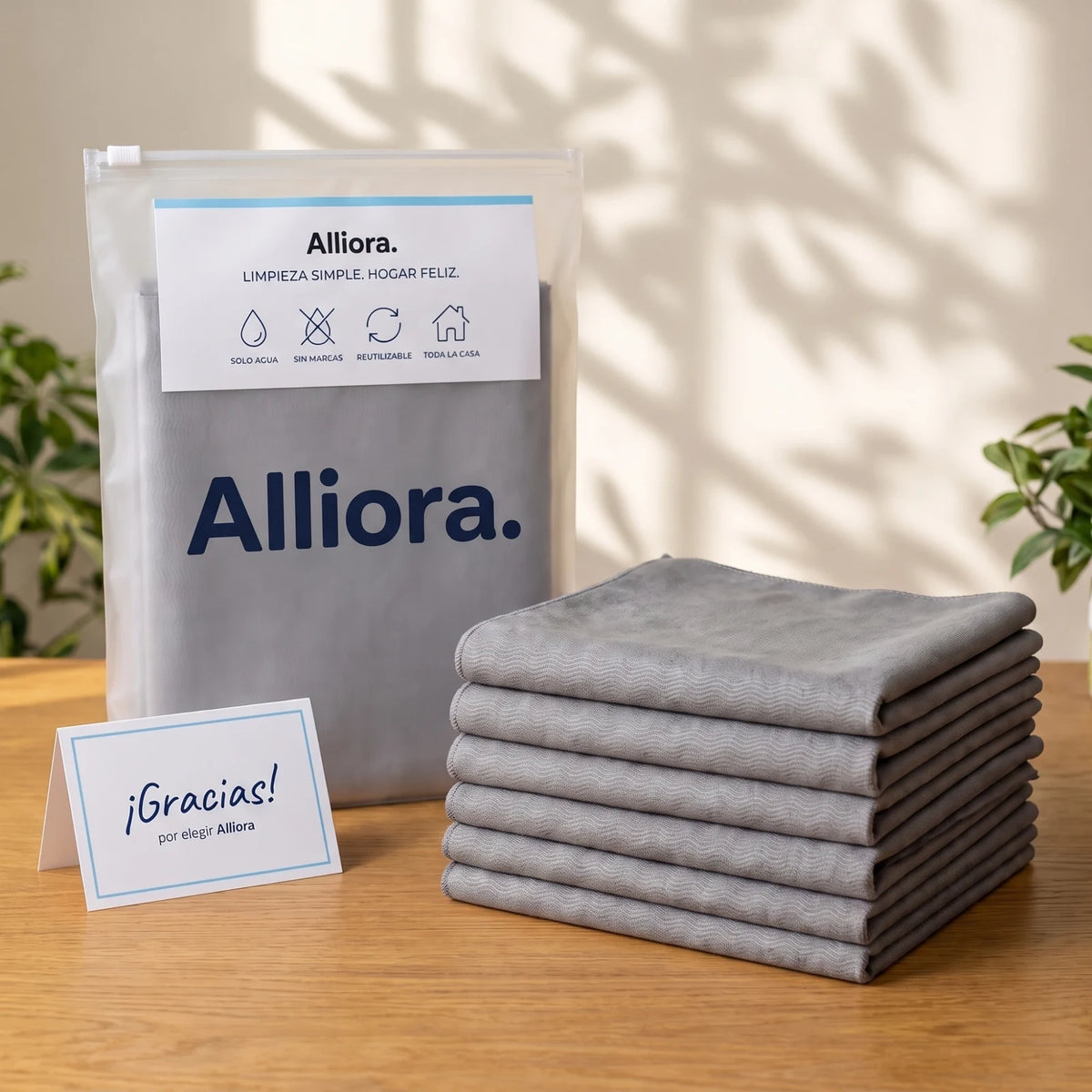 Pack de 5 paños mágicos Alliora en su bolsa con tarjeta de agradecimiento