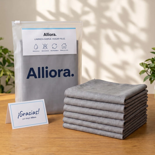 Pack de 5 paños mágicos Alliora en su bolsa con tarjeta de agradecimiento