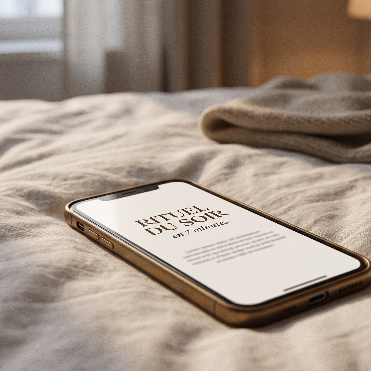 Rituel du soir en 7 minutes ouvert sur un téléphone, posé sur le lit