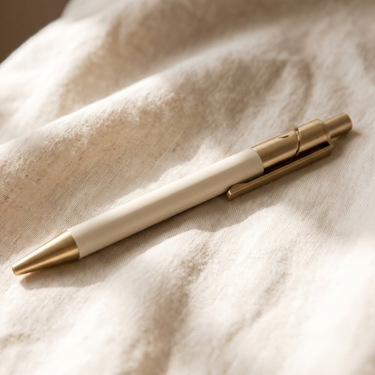 Stylo Clarté, corps crème mat et laiton brossé, posé sur du lin