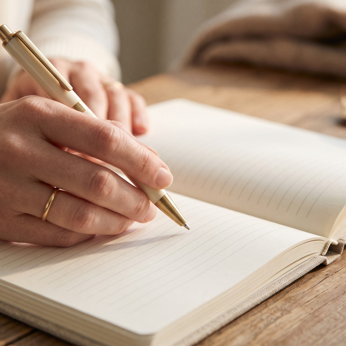 Stylo Clarté tenu en main au-dessus d'une page du journal