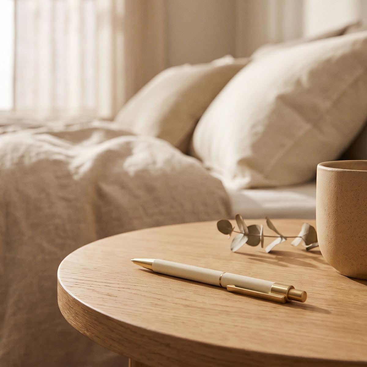 Stylo Clarté posé sur une table de chevet, à côté d'une tasse
