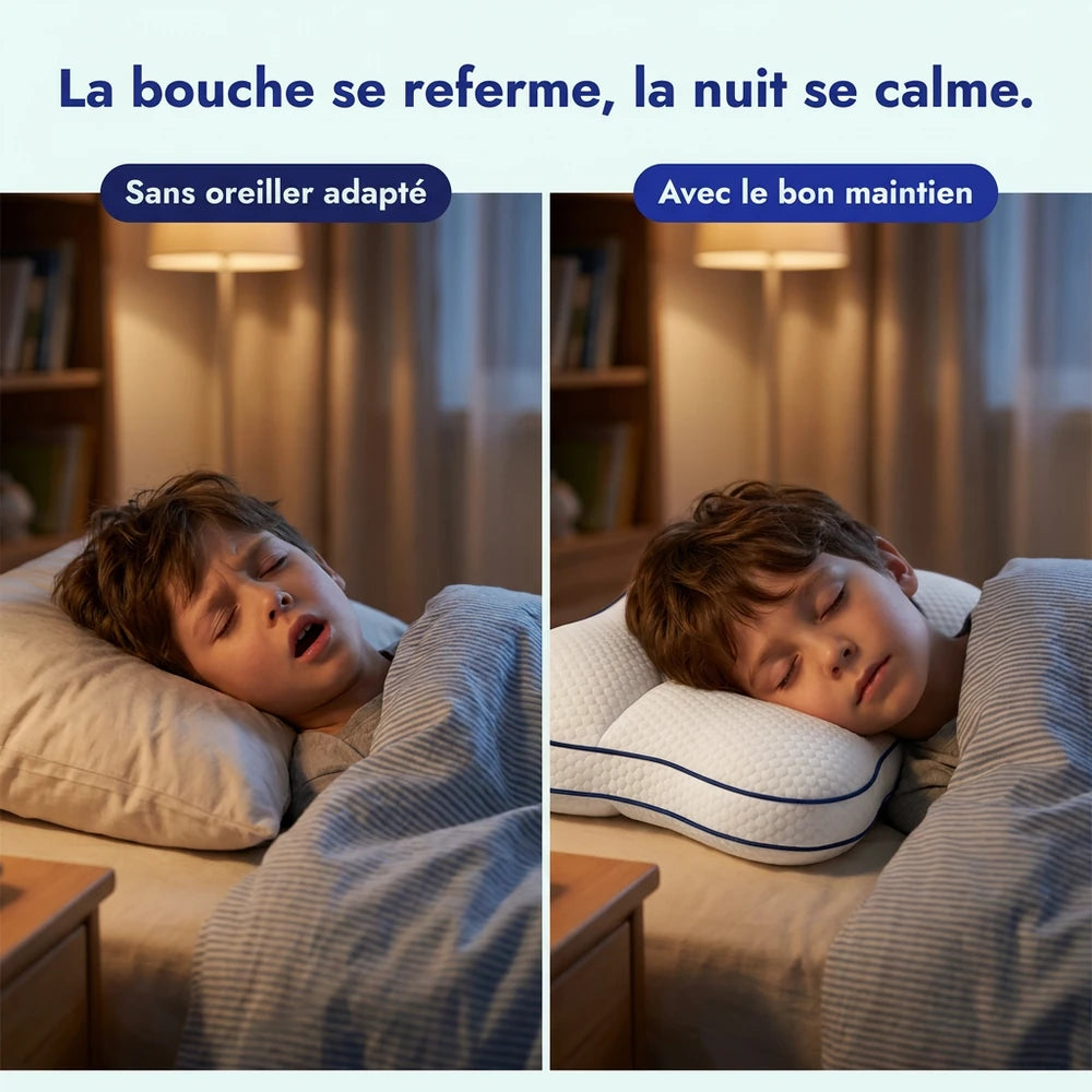 Avant après : bouche ouverte puis bouche fermée sur l'oreiller enfant
