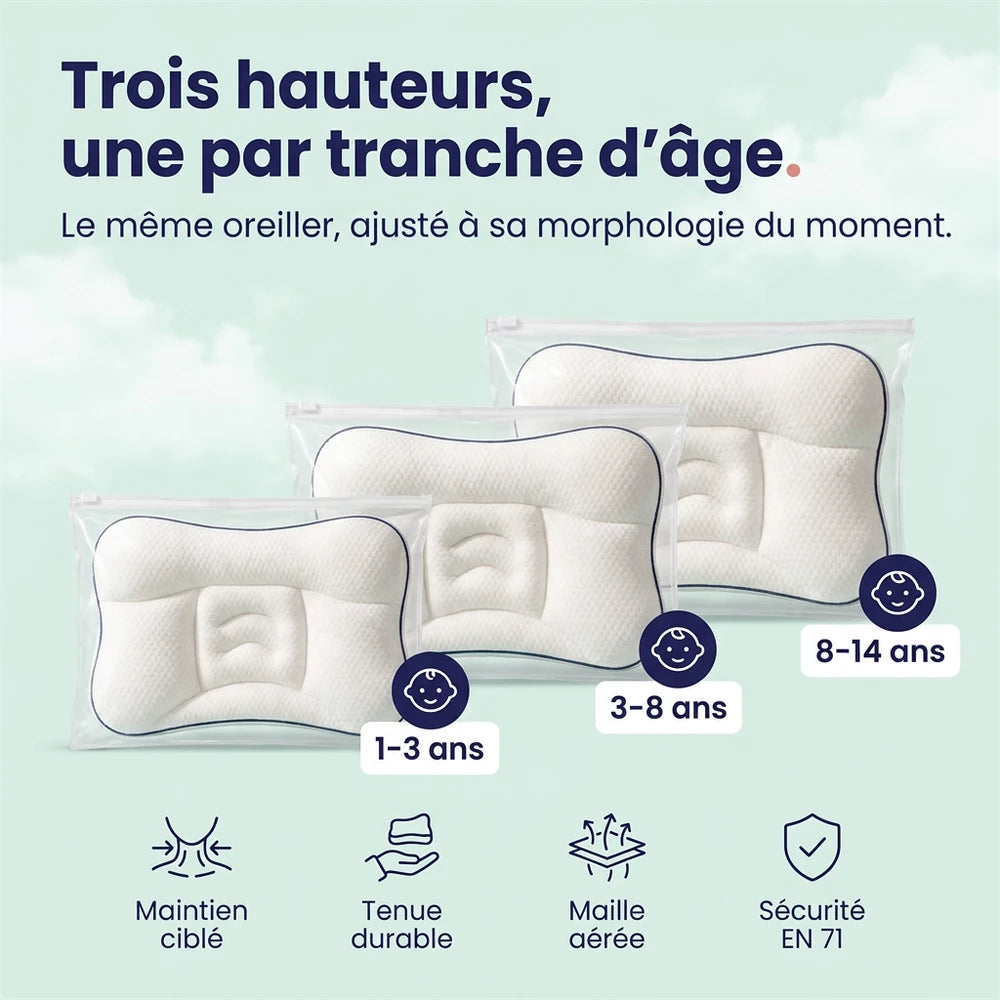 Trois hauteurs d'oreiller enfant : 1-3 ans, 3-8 ans, 8-14 ans