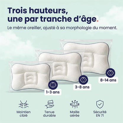 Trois hauteurs d'oreiller enfant : 1-3 ans, 3-8 ans, 8-14 ans