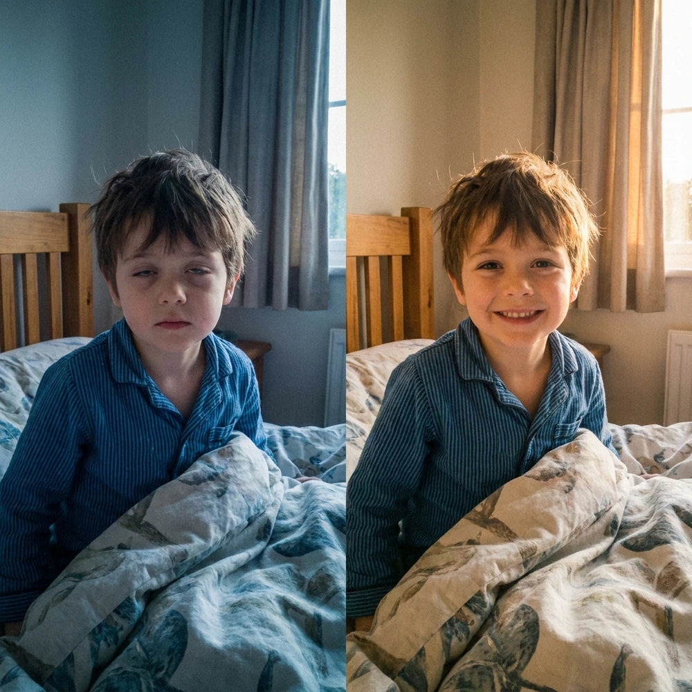 Avant après au réveil : enfant endormi puis reposé et souriant