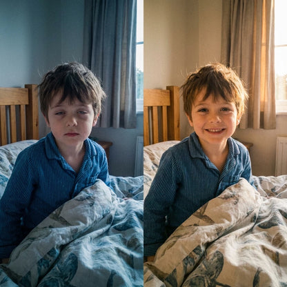 Avant après au réveil : enfant endormi puis reposé et souriant